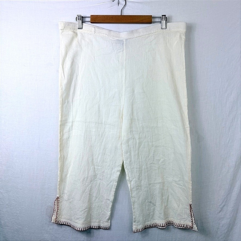 White Crinkle Rayon Crop Pants Sz Large Bloomers Red Blanket Stitch Hem‎ Boho
